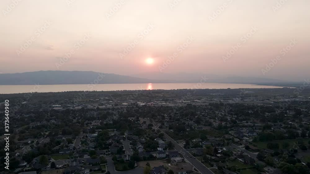 Utah sunset aerial view, seen through smoke from California wildfires Utah sunset aerial view, seen through smoke from California wildfires
