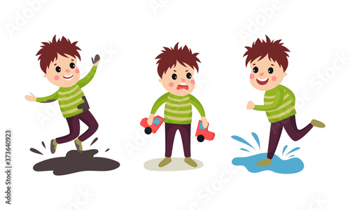 Naughty Boy Jumping in Puddle and Breaking Toy Car Vector Illustration Set