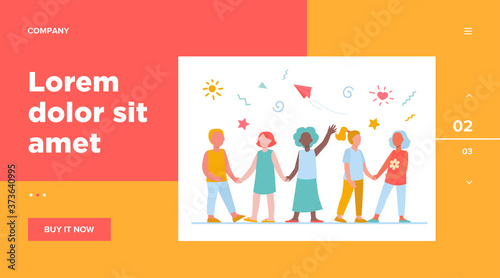 Diverse group of children in kindergarten. Team of African American, Asian, Caucasian boys and girls standing together. Vector illustration for international school, classmates, friendship concept