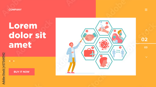 Doctor presenting tips for protection from coronavirus and epidemic spread prevention. Vector illustration for covid 19, symptoms, protection, safety, infection concept