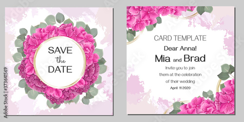 Floral wedding design. Lovely pink hydrangea, green leaves.