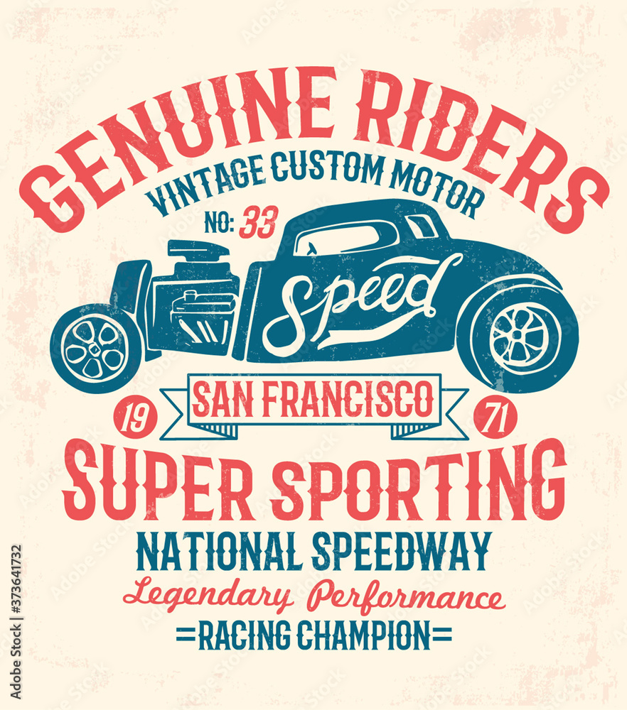 Plakat Wektor rocznika sportowego samochodu wyścigowego, T-shirt grafika, Vintage typografia