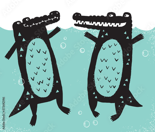 A cute illustration of two crocodiles done in a graphic linocut illustrative technique. Vector illustration. 