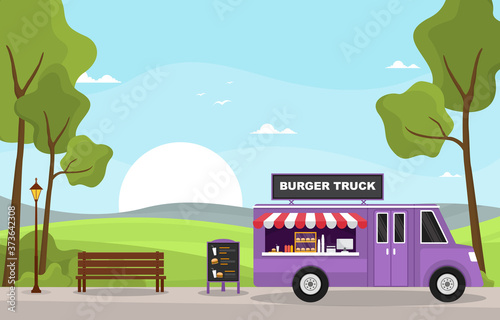Burger Fast Food Truck Van Car Vehicle Street Shop Illustration