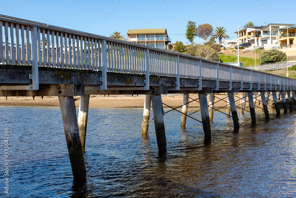 The footbridge crossing over the Onkaparinga River mouth at Port Noarlunga South Australia on August 25th 2020