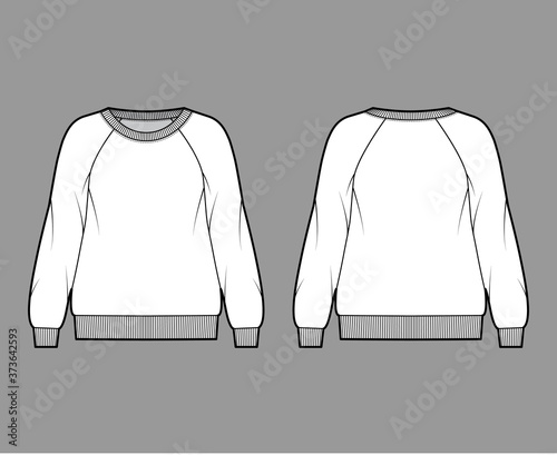 Oversized cotton-terry sweatshirt technical fashion illustration with scoop neckline, long raglan sleeves, ribbed trims. Flat jumper apparel template front back white color. Women, men unisex top CAD