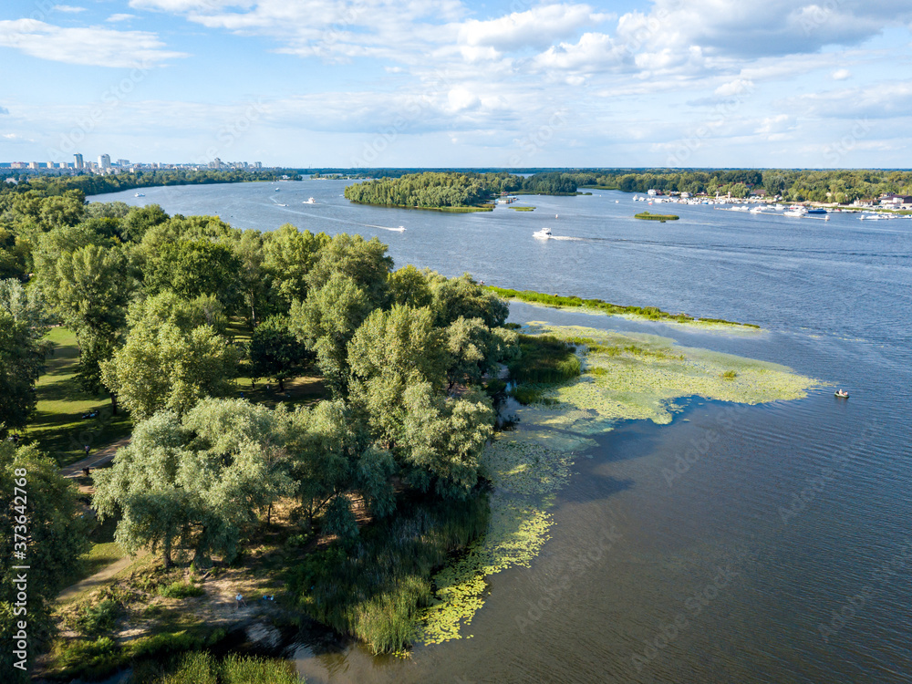 Aerial drone view. River bank.