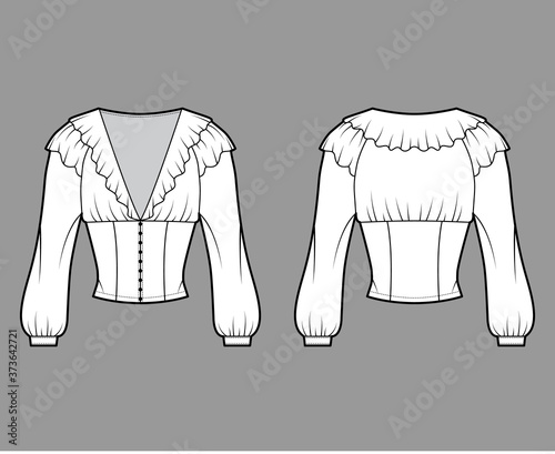 Ruffled cropped blouse technical fashion illustration with long bishop sleeves, puffed shoulders, front button fastenings. Flat apparel top template front, back white color. Women men unisex shirt CAD