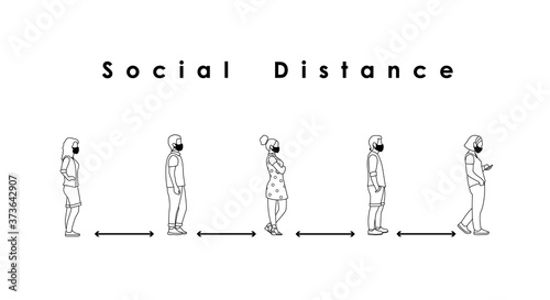 social distance. Full length of cartoon sick people in medical masks standing in line against at a safe distance. outline black vector illustration