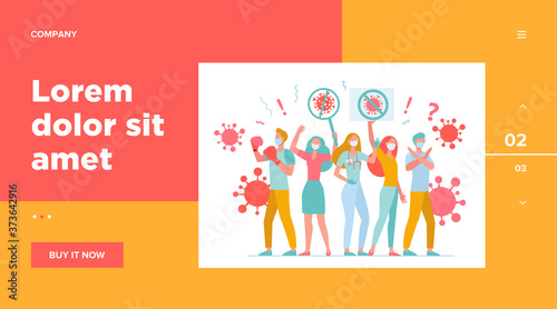 Crowd protesting against coronavirus. People wearing medical masks, holding placards with stop virus sign. Vector illustration for quarantine, society, health protection campaign concept