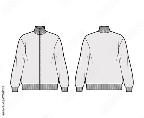 Oversized long-sleeved zip-up sweatshirt technical fashion illustration with cotton-jersey, ribbed trims. Flat outwear jumper apparel template front back grey color. Women, men unisex top CAD mockup