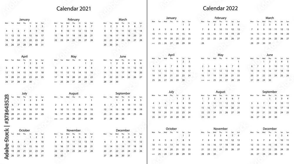 2021, 20220 yearly calendar - 12 months yearly calendar vector eps