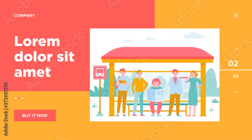 Cartoon passengers standing at bus stop flat vector illustration. Women and men waiting for public transport. Transportation, driving and conveyance concept
