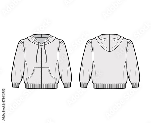 Zip-up cropped cotton-jersey hoodie technical fashion illustration with puffed shoulders, elbow sleeves, front pocket. Flat jumper template front back grey color. Women men unisex sweatshirt top