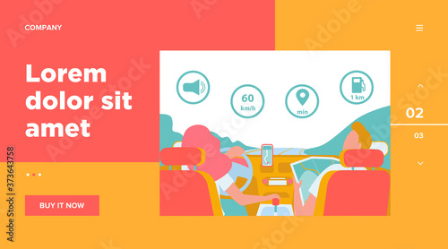 Driver and passenger navigating on road within map and mobile app. Back view of people inside car interior. Vector illustration for navigation, driving, travel, transportation concept