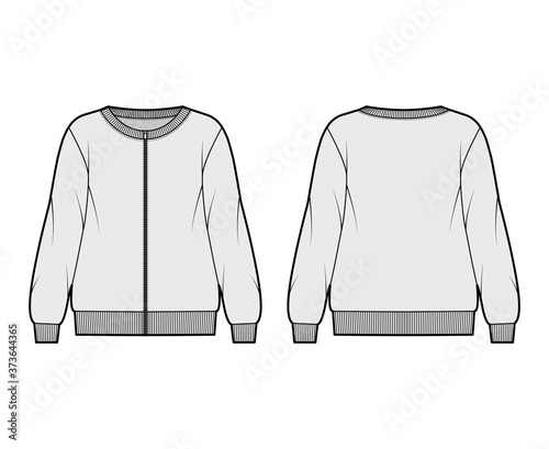 Zip-up oversized cotton-terry sweatshirt technical fashion illustration with scoop neckline, long sleeves, ribbed trims. Flat jumper apparel template front back white color. Women, men unisex top CAD