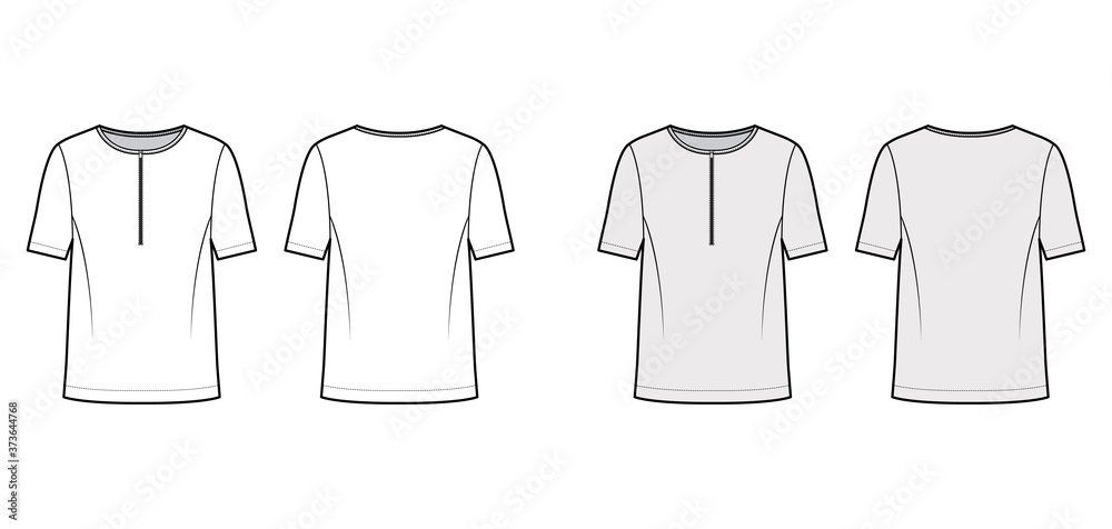 Men's style cotton-jersey top technical fashion illustration with short sleeves, scoop henley neckline with zip, loose fit. Flat outwear shirt template front, back, white grey color. Women, unisex Men's style cotton-jersey top technical fashion illustration with short sleeves, scoop henley neckline with zip, loose fit. Flat outwear shirt template front, back, white grey color. Women, unisex