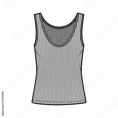Ribbed open-knit tank technical fashion illustration with oversized body, deep scoop neck, elongated hem. Flat outwear top apparel template front, grey color. Women, men unisex shirt CAD mockup