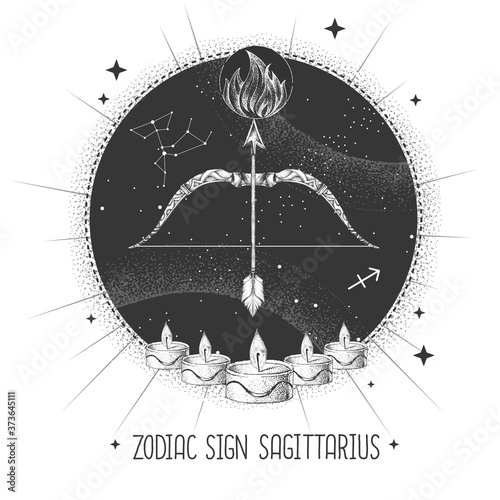 Modern magic witchcraft card with astrology Sagittarius zodiac sign. Realistic hand drawing Bow and arrow illustration. Zodiac characteristic