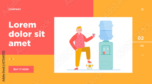 Football player drinking water at cooler. Male athlete, soccer, sportsman flat vector illustration. Beverage, refreshment, watercooler concept for banner, website design or landing web page