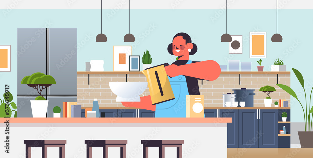 Fototapeta premium happy woman preparing food cooking at home concept modern kitchen interior horizontal portrait vector illustration