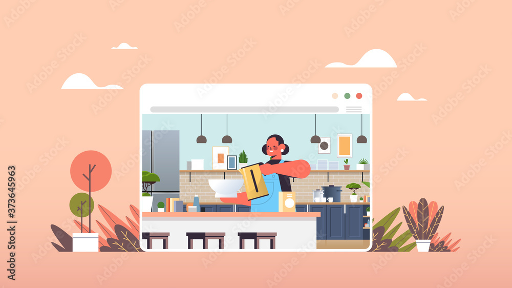 happy woman preparing food in web browser window online cooking concept modern kitchen interior horizontal portrait vector illustration