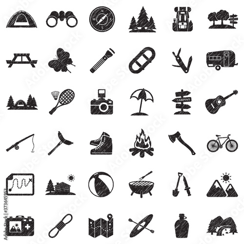 Camping Icons. Black Scribble Design. Vector Illustration.