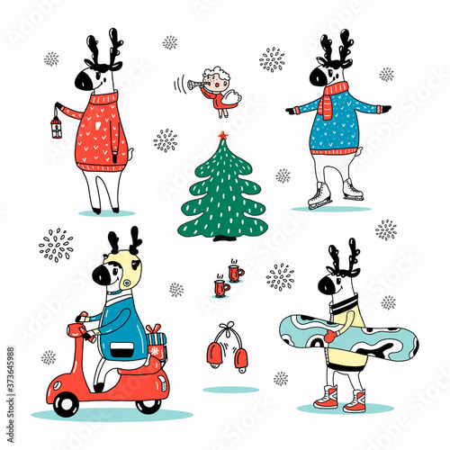 Christmas character set:deer on a scooter, red sweater, with a snowboard, on skates,Christmas tree and an angel.Christmas bells and grog cups.vector illustration.Cartoon Christmas elements for design.