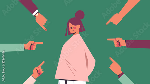 depressed girl surrounded by hands fingers mocking pointing her bullying inequality discrimination concept portrait horizontal vector illustration