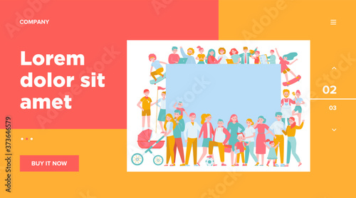 Crowd of happy people with blank placard flat vector illustration. Cartoon multicultural men and women standing together. Community, society and population concept