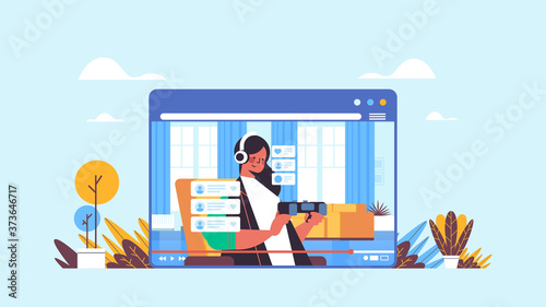 female blogger recording game process online blog live streaming blogging concept girl in web browser window playing video games living room interior horizontal portrait vector illustration
