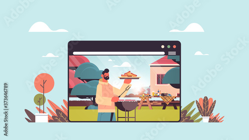happy man preparing barbecue sausages at home picnic in backyard online cooking concept web browser window horizontal portrait vector illustration