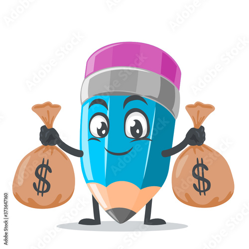 vector illustration of mascot or pencil character holding sacks of money