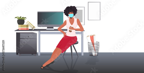 businesswoman in face mask sitting at workplace coronavirus epidemic protection self isolation remote work concept office interior full length horizontal vector illustration