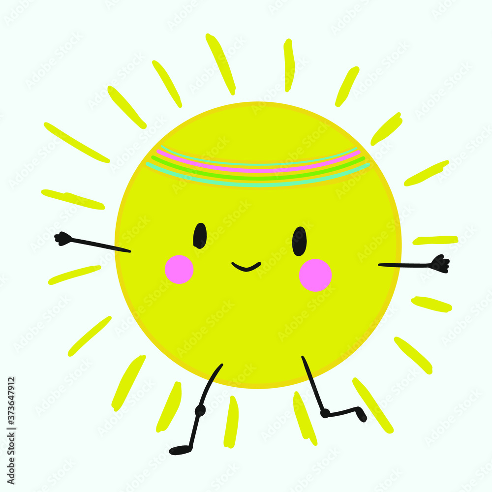 Cute sun wit face and legs running on the sky