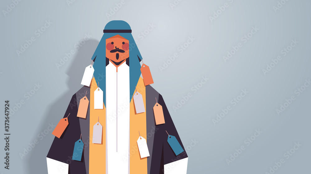 arab man with tags labels on wear inequality racial discrimination concept arabic cartoon character in traditional clothes portrait horizontal vector illustration