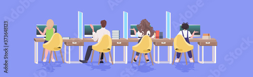 businesspeople keeping distance to prevent coronavirus epidemic covid-19 protection measures office interior horizontal full length vector illustration
