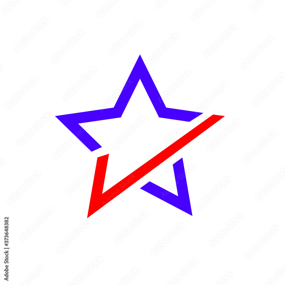 Logotipo lineal estrella con símbolo check en color azul y rojo