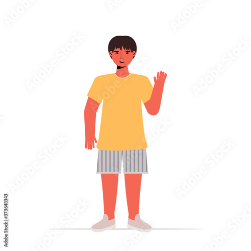 happy child little boy in casual trendy clothes male cartoon character standing pose full length isolated vector illustration
