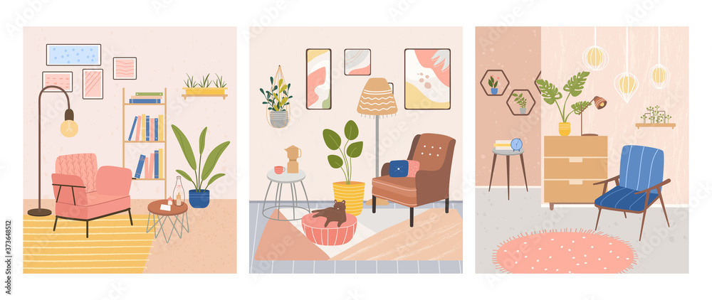 Set of three interiors of trendy rooms. Comfortable stylish living room with Scandinavian style furniture. Cozy apartments. Sweet home. Flat Vector Illustration Set of three interiors of trendy rooms. Comfortable stylish living room with Scandinavian style furniture. Cozy apartments. Sweet home. Flat Vector Illustration