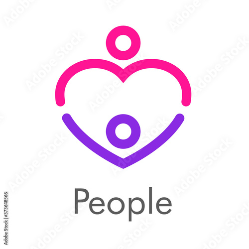 Logotipo lineal abstracto corazón con círculos como pareja de personas abrazadas en rosa y púrpura y palabra People