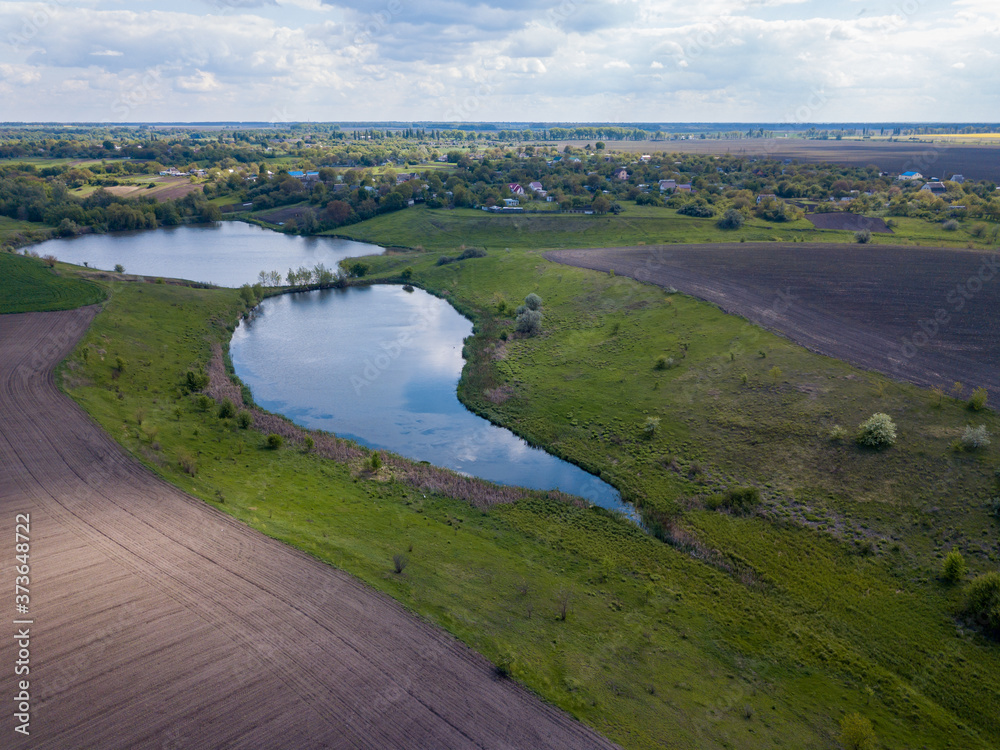 Aerial drone view. Country lake in Ukraine.