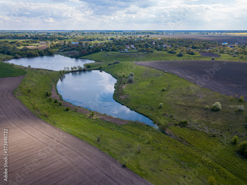 Aerial drone view. Country lake in Ukraine.