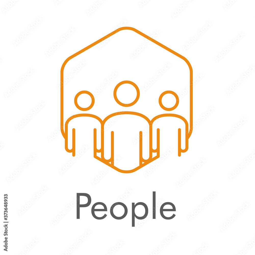 Concepto trabajo en equipo. Logotipo abstracto grupo de personas en hexágono lineal en color naranja y palabra people Concepto trabajo en equipo. Logotipo abstracto grupo de personas en hexágono lineal en color naranja y palabra people