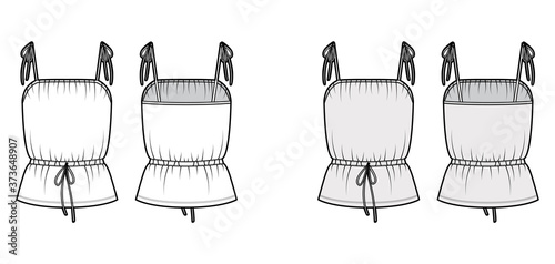 Cotton-jersey camisole technical fashion illustration with tie-fastening straps, drawstring waist, tunic length. Flat apparel top template front back, white, grey color. Women, men, unisex CAD mockup