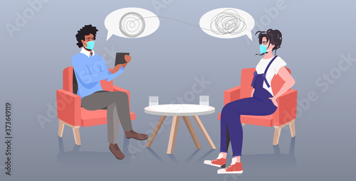male psychotherapist in mask consulting female patient during psychotherapy session coronavirus pandemic protection concept horizontal full length vector illustration