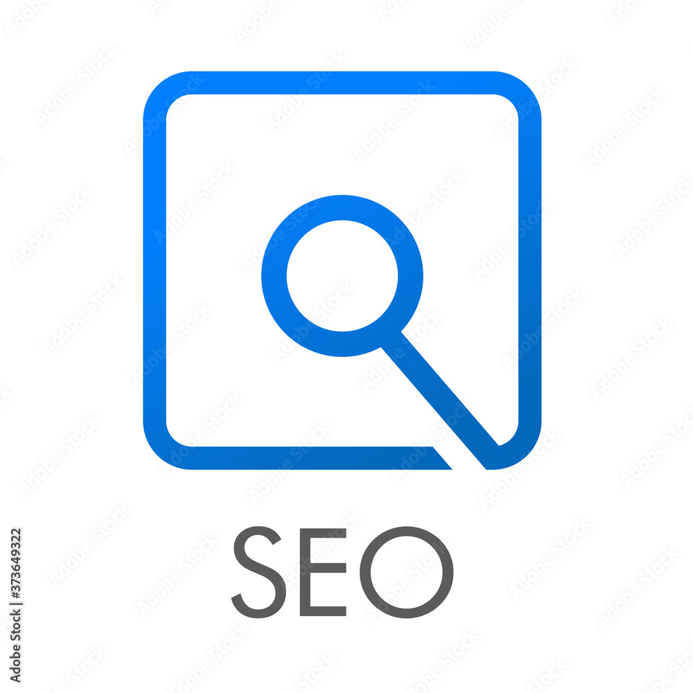 SEO - Search Engine Optimization. Logotipo lineal cuadrado con lupa con texto SEO en color azul SEO - Search Engine Optimization. Logotipo lineal cuadrado con lupa con texto SEO en color azul