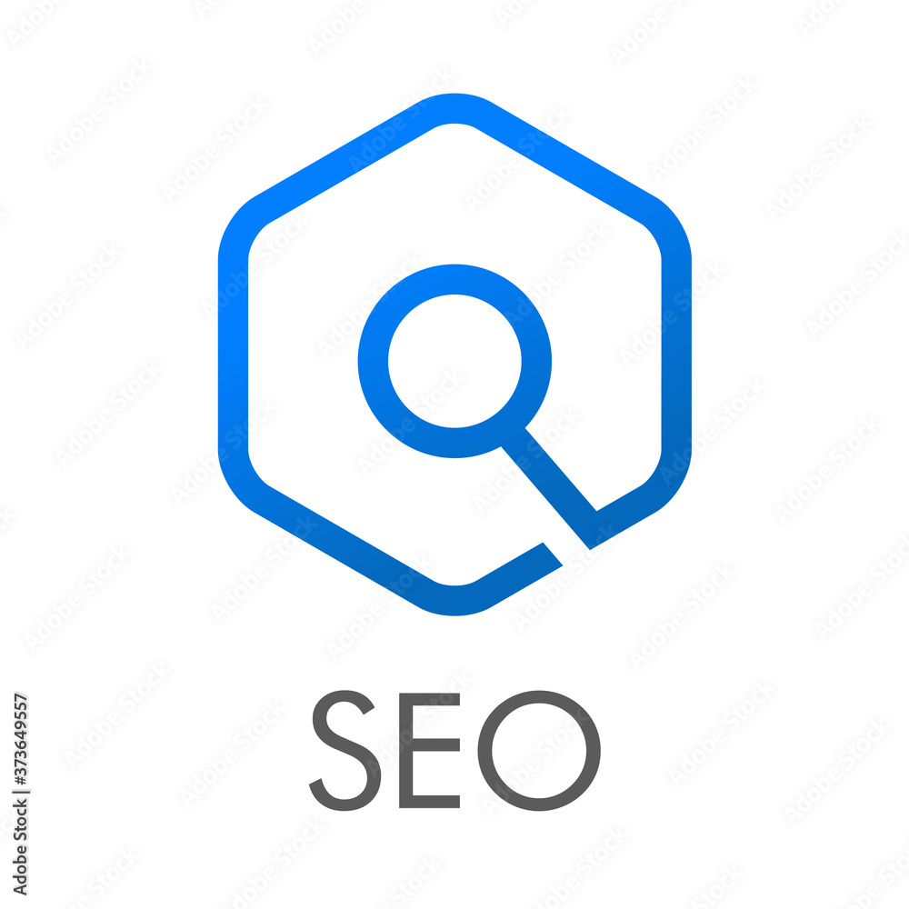 SEO - Search Engine Optimization. Logotipo lineal hexágono con lupa con texto SEO en color azul SEO - Search Engine Optimization. Logotipo lineal hexágono con lupa con texto SEO en color azul
