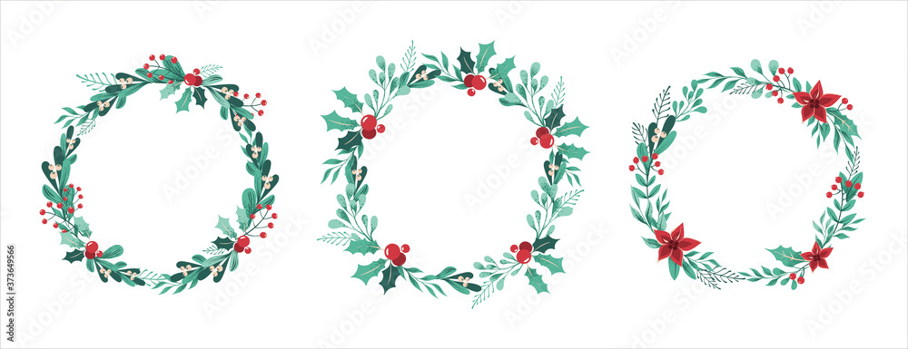 Set of Christmas wreaths of branches, leaves, berries, holly, white mistletoe, poinsettia. Isolated on white background. Round frame with place for text. Vector illustration.
