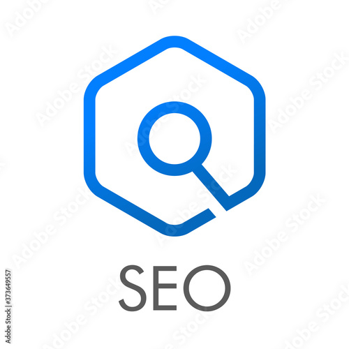 SEO - Search Engine Optimization. Logotipo lineal hexágono con lupa con texto SEO en color azul